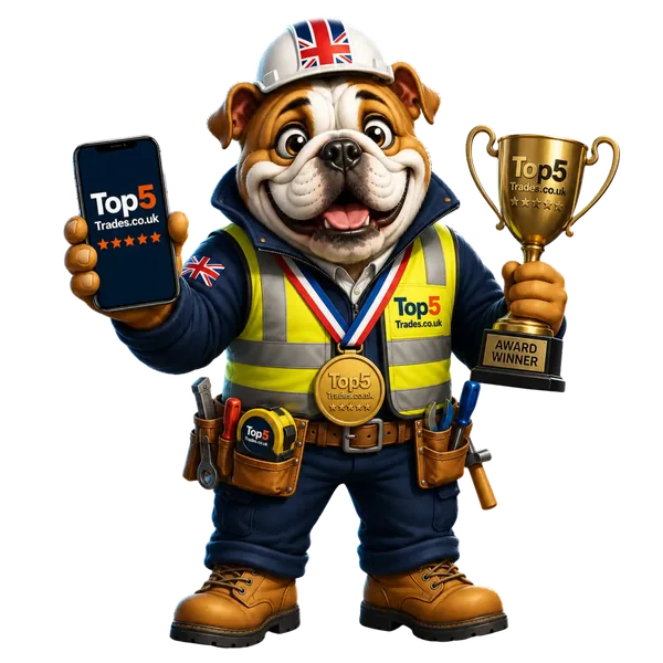 Top5Trades bulldog mascot holding an Award Winner trophy and Top5Trades medal